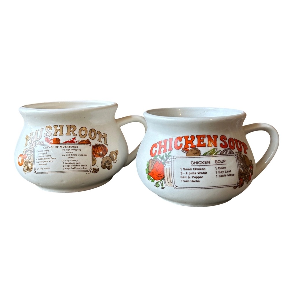Vintage Recipe Soup Mugs Set of 2 Mushroom and Chicken Soup Ceramic Bowls